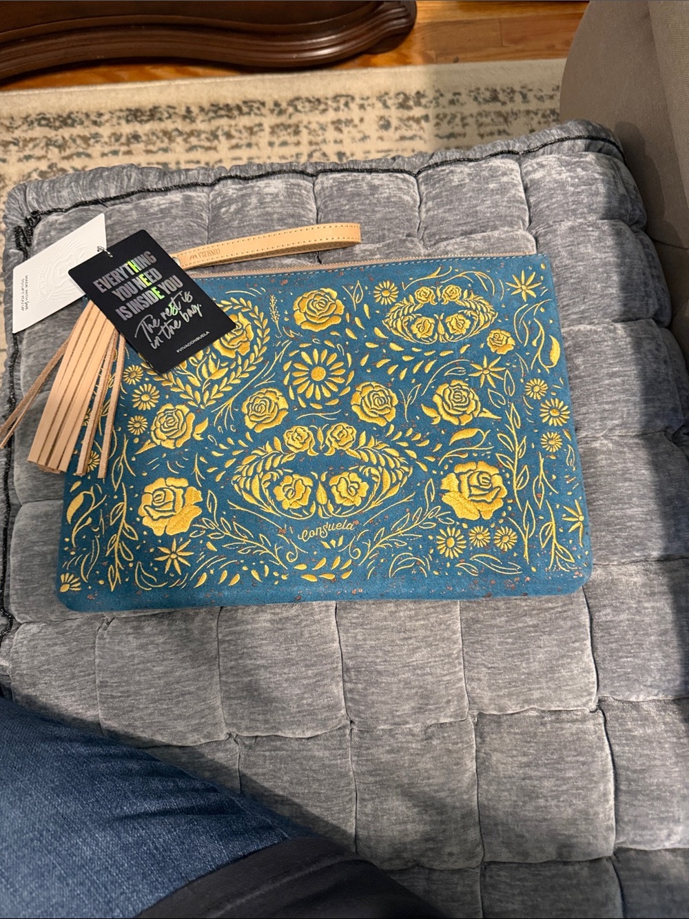Consuela Teal Floral Zip Pouch with Tan Tassel